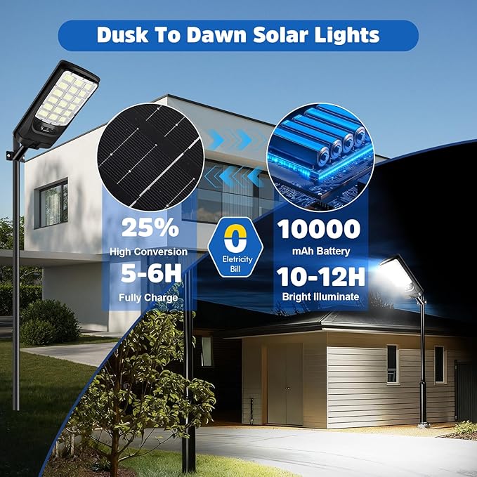 Solar Street Lights Outdoor 21000LM 6500K Motion Sensor Solar Lights Waterproof Dusk to Dawn Solar-Powered Flood Lights with Remote Commercial Area Lighting for Parking Lot Driveway Garage 2-Pack