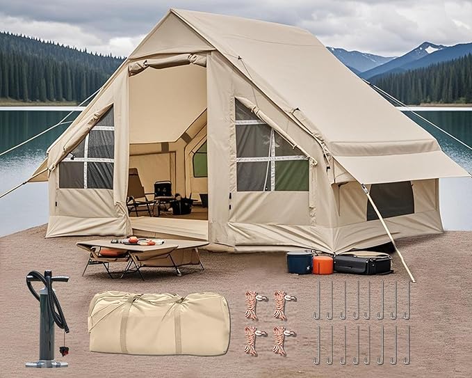 Inflatable Camping Tent2/4/6/8 Person Glamping Inflatable Tents with Awning Quick Setup Blow Up Tents with Pump Waterproof Oxford Inflatable House for Camping Air Glamping Hot Tents for Adult