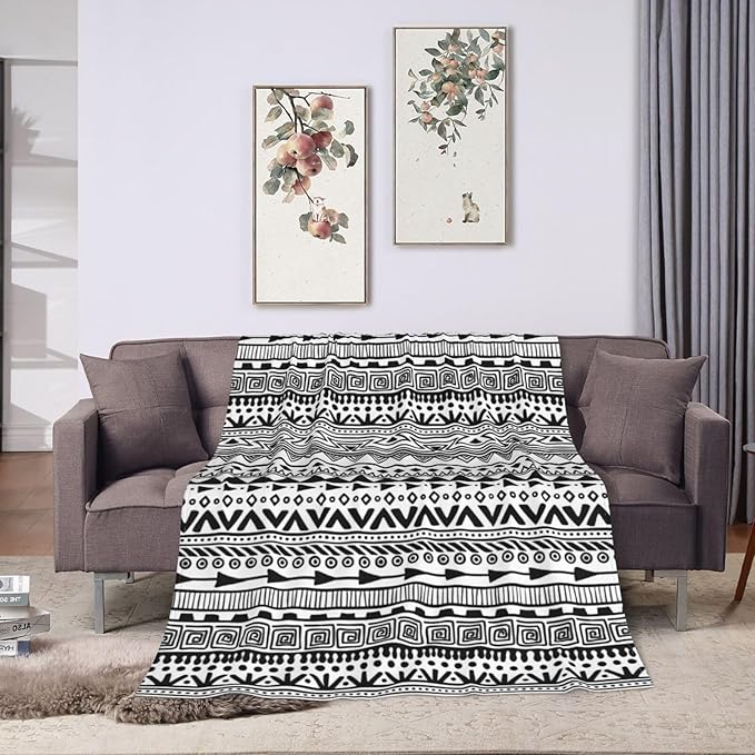 80X60 Tribal Print Black and White Aztec Pattern Boho Lightweight Flannel Blanket - Soft and Breathable Polyester Suitable for Travel Camping and Home Decoration