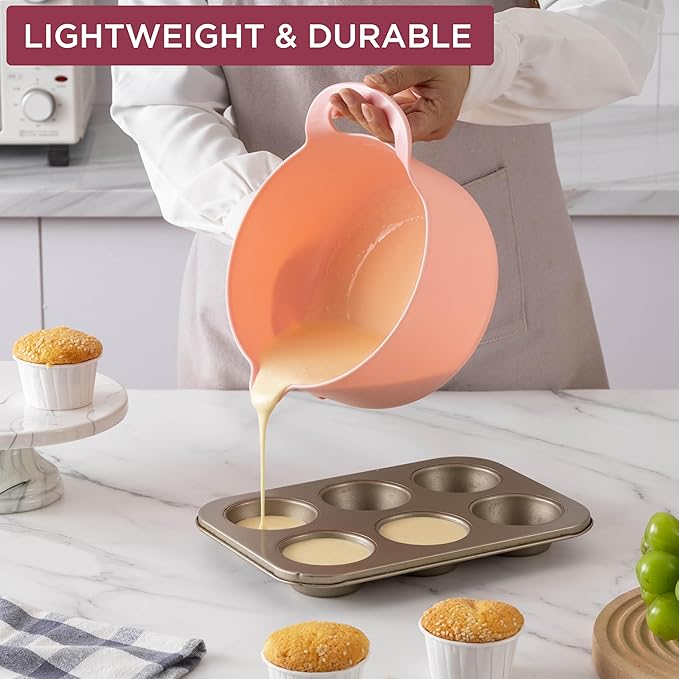 COOK WITH COLOR Nesting Plastic Mixing Bowl Set with Pour Spouts and Handles Rose 6 Piece Non-Slip