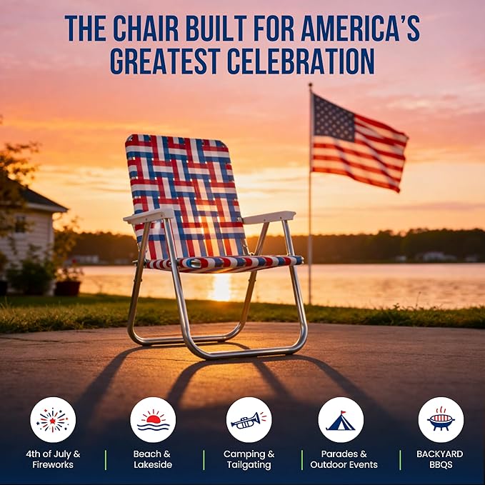 Patriot Chair America 250 Edition – Made in USA Folding Lawn Chair – Red White &amp Blue Portable Seat – Lightweight &amp Easy Storage – 3 Sizes: Magnum Classic Beach (Magnum)