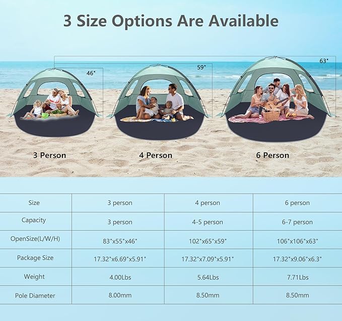 NXONE Beach Tent Sun Shelter with UPF 50+ UV Protection Lightweight Easy Setup Portable Beach Canopy for Family Large Space for Beach Camping &amp Outdoor 3/4/6 Person