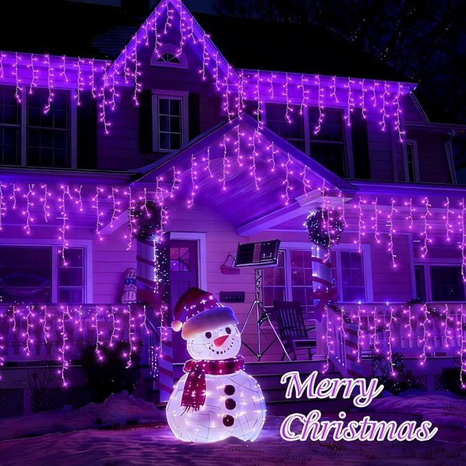 QITONG Purple Icicle Lights for Outside 33ft 400 LED String Light Indoor Plug in Clear Wire Connectable Icicle Christmas Lights with 8 Modes