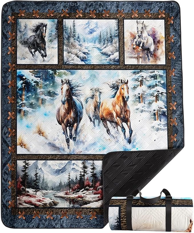 Outdoor Picnic Blanket Portable Ultrasonic Waterproof Picnic 3D Horse Printed Camping Beach Mat for Sand and Wet Grass Hiking (3D Horse L