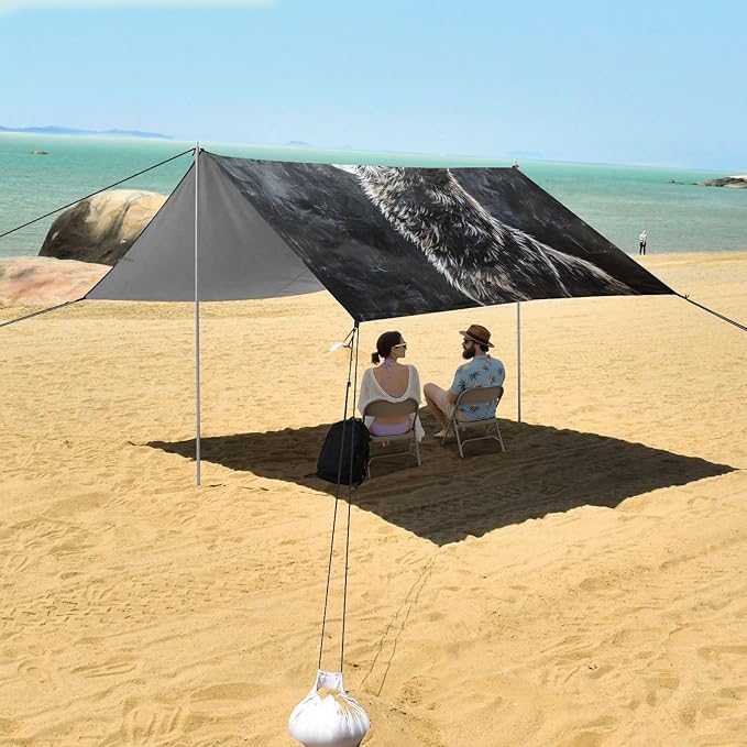 ALAZA Wolf Howling Under Moon Beach Tent Sun Shelter UPF50+ Protection Beach Shade Canopy w/ 4 Sandbags for Outdoor Camping Fishing Backyard Fun Picnic 10x9 ft