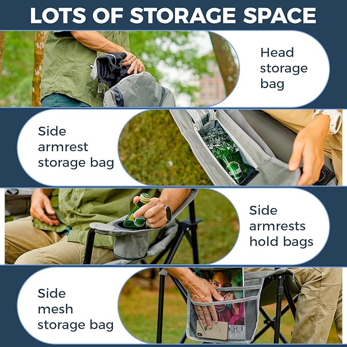 KingCamp Oversized Camping Folding Chair with Lumbar Support Heavy Duty Ergonomic Padded Arm Chair with Cooler Bag Cup Holder Portable for Outdoor