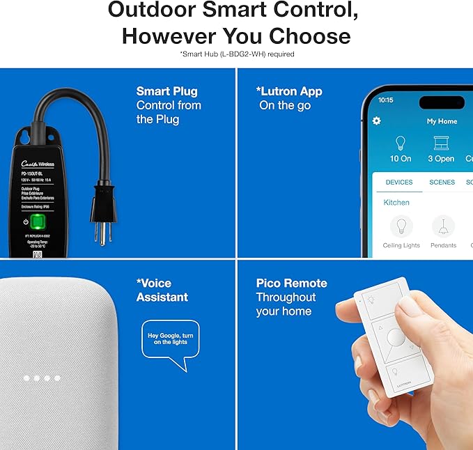 Lutron Outdoor Smart Plug for Caseta Smart Lighting Summer Patio Backyard Outdoor Lights &amp Motors 15A LED Fixtures &amp 1/2 HP Motors PD-15OUT-BL Black