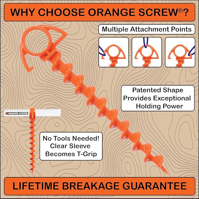 Orange Screw Ultimate Ground Anchors: Heavy Duty Screw-in Tent Stakes for High Wind Sand Canopies and Camping - Made in USA 100% Recycled Included T-Grip Tool - (Small 4 Pack)