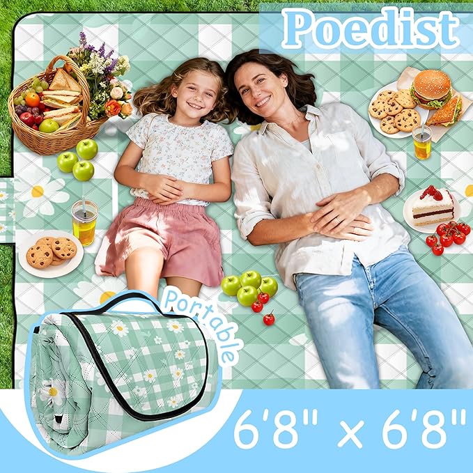 Extra Large Picnic Blanket Waterproof80x 80Foldable Machine Washable Beach BlanketOutdoor Blanket for 6-8 AdultsSuitable for Indoor CrawlingPark BeachCampingHikingFamily Travel(Light green)