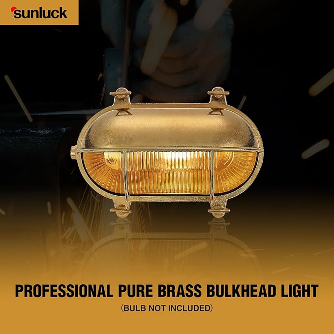 Sunluck Brass Nautical Bulkhead LightGrid Oval Wall LightBrass Half Cover LampshadeCeiling Mount LightWaterproof IP65Rust Resistantfor Wet Location BathSeasideShipBasement