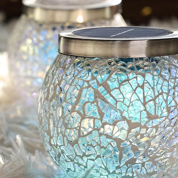 Cooo Gift for her him 4 Pack Heavy Solar Mosaic Crackle Glass Lights with Dual Solar Panels Color-Changing RGB Lantern Exclusive Dazzling Glass Waterproof Outdoor Table Lamps Garden Lamp