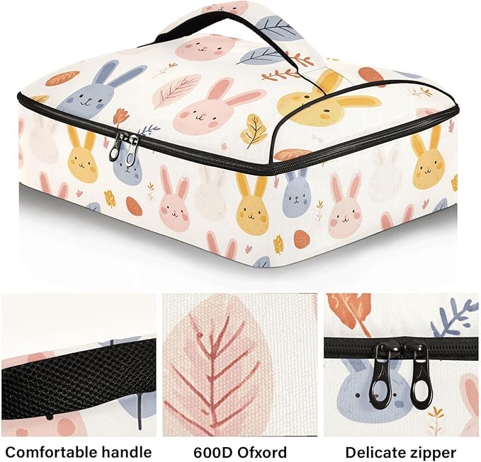 Casserole Carrier Pattern Cute RabbitInsulated Casserole Carrier for Hot or Cold Food Thermal Lunch Tote for Potluck Parties Picnic Beach Fits 9 x 13 Inches Baking Dish