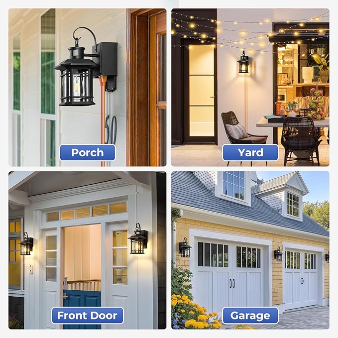 2 Pack Porch Light with GFCI Outlet Distance and Time Adjustable Motion Sensor Outdoor Lights Black Dusk to Dawn Outdoor Light with Outlet for House Garage Garden Waterproof Aluminum