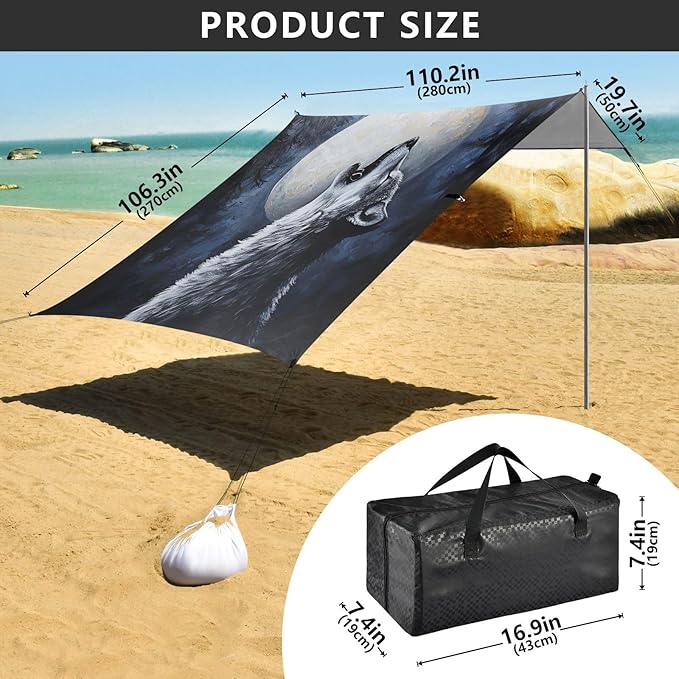 ALAZA Wolf Moon at Night Beach Tent Sun Shelter UPF50+ Protection Beach Shade Canopy w/ 4 Sandbags for Outdoor Camping Fishing Backyard Fun Picnic 10x9 ft