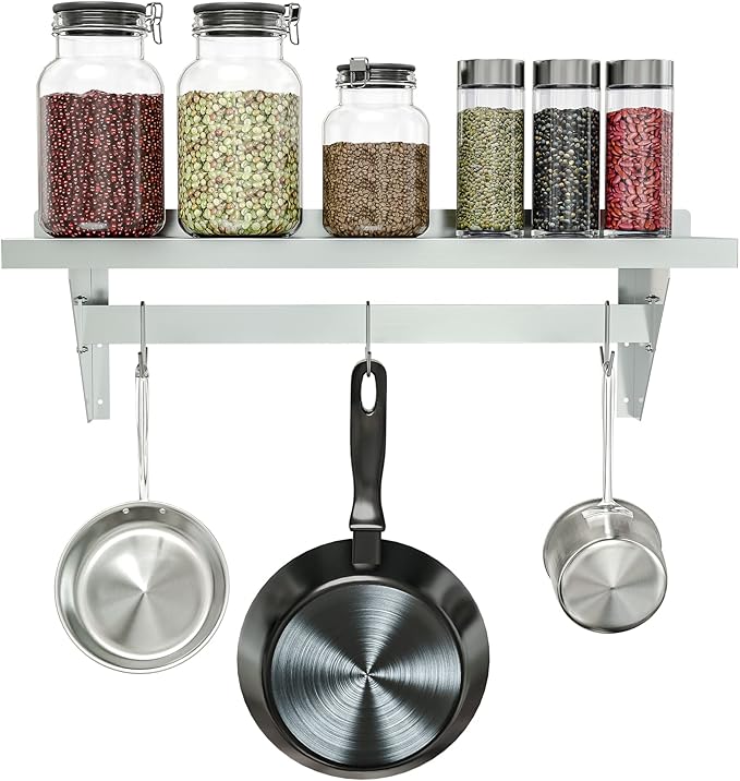 KoolMore 36” Commercial Wall Mounted Pot Rack Organizer Shelf with 3 Removable Storage Hooks for Pots and Pans Stainless-Steel Storage Holder (WMPS-1236) 12 X 36