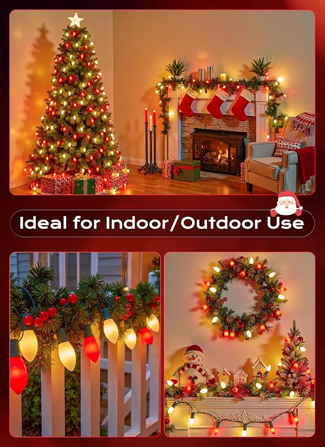 C9 LED Christmas Lights Outdoor 50 FT 50 Red and Warm White Connectable C9 String Lights for Christmas Tree Patio Roofline Garden Backyard Holiday Party Indoor Outdoor Decoration Green Wire