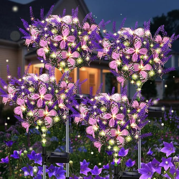 Solar Garden Lights Outdoor 4 Pack Purple Lavender Solar Butterfly Lights Gardening Gifts for Women Artificial Flower with Butterfly Purple Garden Decor for Lawn Patio-Warm White