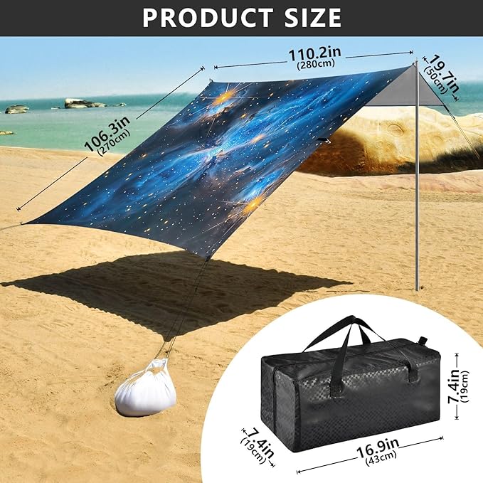 Blue Starry Sky Beach Tent Sun Shelter 9.2' x 10.5' Beach Canopy with 4 Sandbags 4 Stability Poles Sand Shovels - Tent Canopy for Beach Camping Fishing Picnics