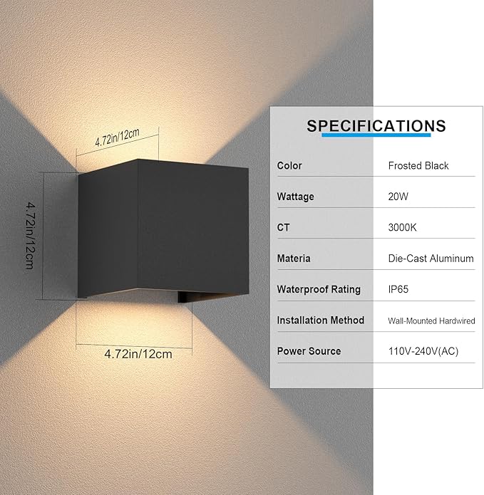 4.7inches Modern Cube Led Wall Light20W 3000K Up Down Hardwired Outdoor Wall SconcesIP65 Waterproof Aluminum Wall Lamp with Adjustable Beam Size for Garage Garden Porch Patio(Black2Pack)