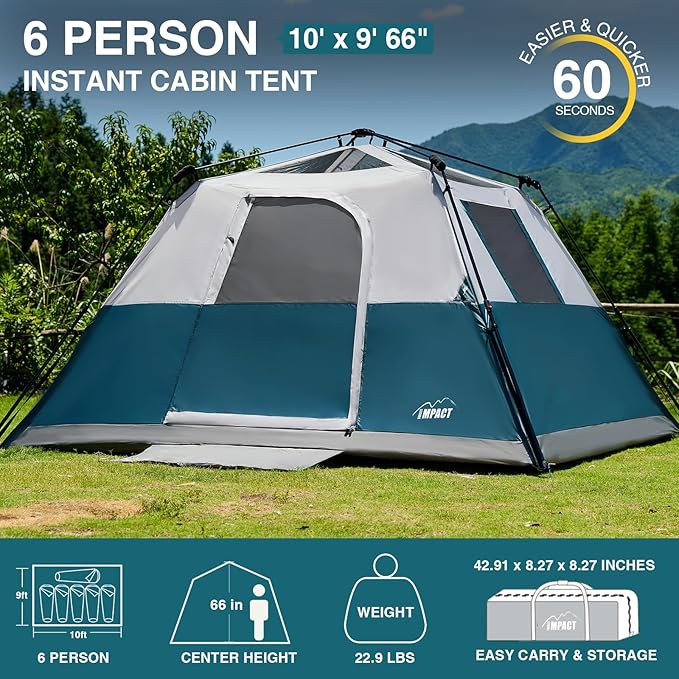 6 Person Instant Camping Tent with Rainfly 60s Easy Setup Family Cabin Tent 10x9ft 1200mm Waterproof &amp Skylight Ventilation Portable Shelter for Outdoor Camping Hiking Backyard
