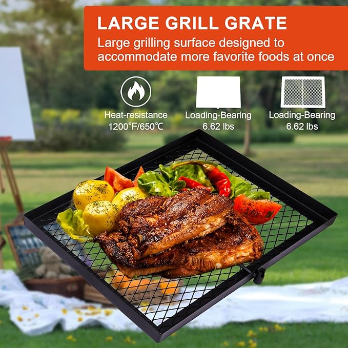 Outvita Swivel Campfire Grill Skillet Combo Portable Heavy Duty Camping Grill Grate with Height Adjustable Grill Grate and Grill Pan and Carry Bag Black