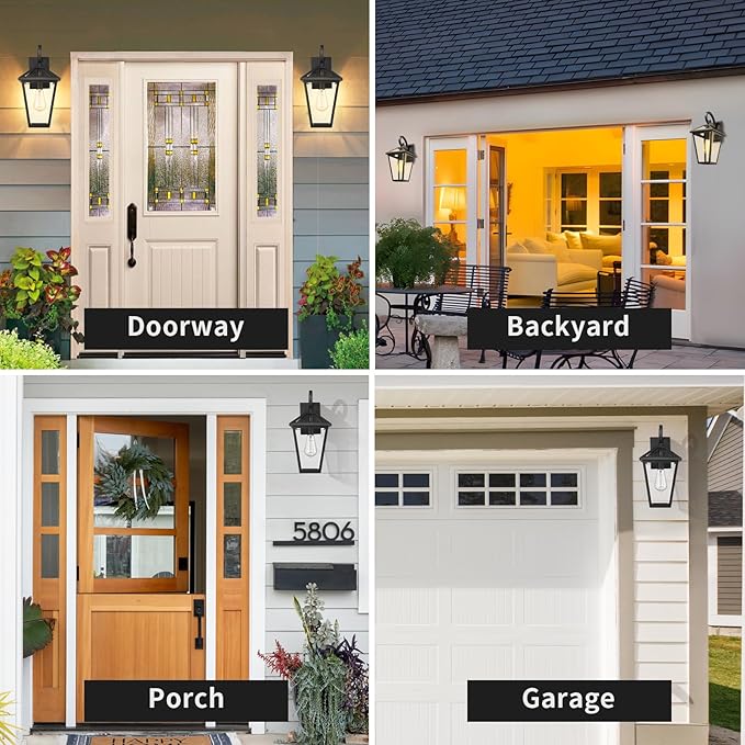 Outdoor Wall Light Fixtures Waterproof Exterior Wall Lanterns with Glass Outside Wall Sconces Front Porch Lights for House Garage Doorway Patio 7H1B-M-2PK BK