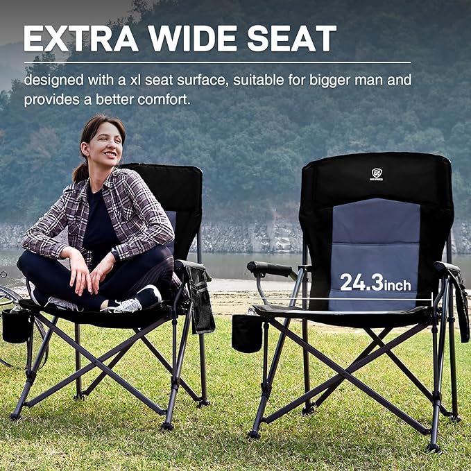 EVER ADVANCED Oversized Folding Camping Chair for Adults Heavy Duty Lawn Chair with Side Pockets Portable Collapsible Quad Chair for Outside Support Up to 500lbs Black