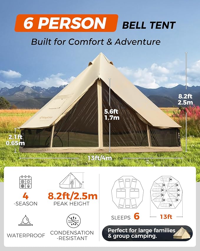 KingCamp Canvas Bell Yurt Tents with Self Inflating Sleeping Pad 4 Seasons Large Waterproof &amp Windproof Glamping Tent w/Stove Jack for Family Outdoor Camping