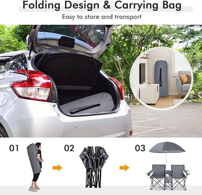 Double Camping Chair with Canopy Folding Camp Chairs w/Cup Holder Cooler &amp Carry Bag Table Side Pocket 2 Person Portable Beach Chair with Umbrella for Picnic Fishing (Grey)