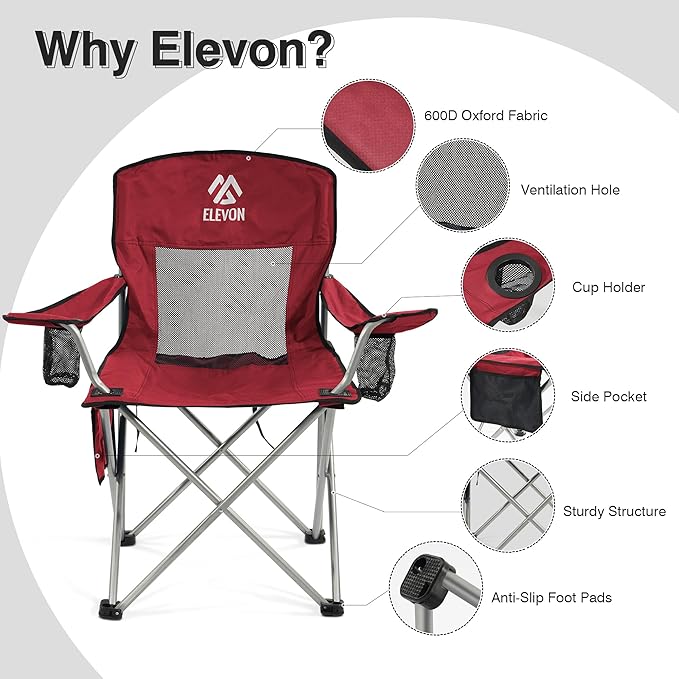 Elevon Camping Chair Portable Folding Outdoor Chair with Arms Cup Holder and Carry Bag