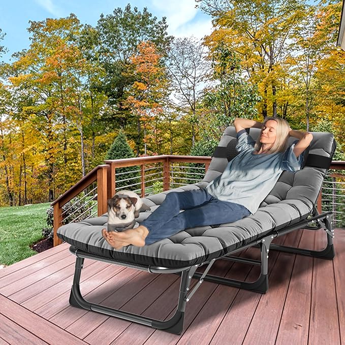 Camping Cot Adjustable 4-Position Adults Reclining Folding Chaise with Pillow Outdoor Portable Lounge Chair Sleeping Cots Bed Perfect for Camping Pool Beach Patio