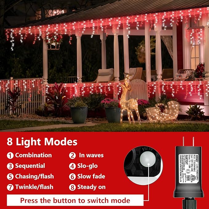 YEGUO 33ft 400 LED Red and White Icicle Lights Outdoor Waterproof 80 Drops Icicle String Lights Connectable 8 Modes Icicle Christmas Lights with Memory