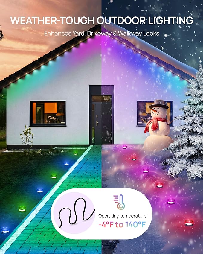 VCOKEN Christmas Pathway Lights 50FT with Smart 15 LED RGBWW Outdoor Ground Lights with App Control DIY Scene Modes IP65 Waterproof Walkway Light for Yard Walkway Driveway Garden Decor
