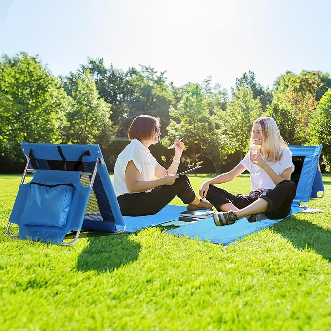 Portable Foldable Beach Lounger Lightweight Beach Mat Lounge Chair with Breathable Mesh Tote Cooler Pocket for Tanning Relaxing Compact &amp Ultimate Gear (Blue)