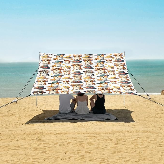 Camping Sun Shelters Cartoon Cute Corgi in Hat Beach Canopy 126 * 110.2in