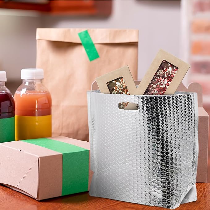 APQ Insulated Foil Bag With Handles 6 x 6 x 6 Inches. 10 Pack Thermal Bags for Frozen Food. Metallized Foil Box Liners With Bubble Cushion. Shipping Bags for Food Cosmetics