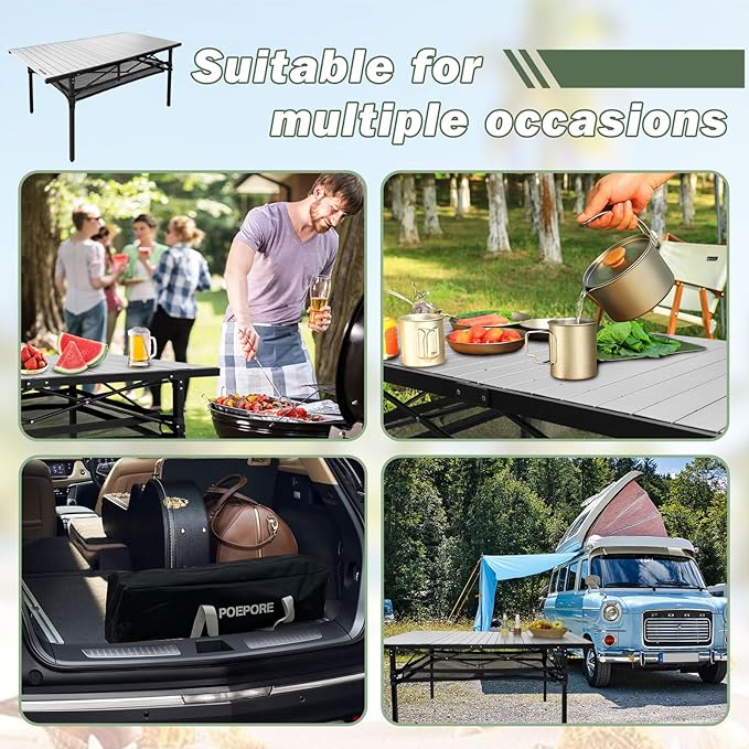 Large Folding Camping Table Aluminum with Storage for 4-6 People 55X27.5 Roll Up Tall Outdoor Portable Table Lightweight with Carry Bag for Picnic BBQ Backyard Beach