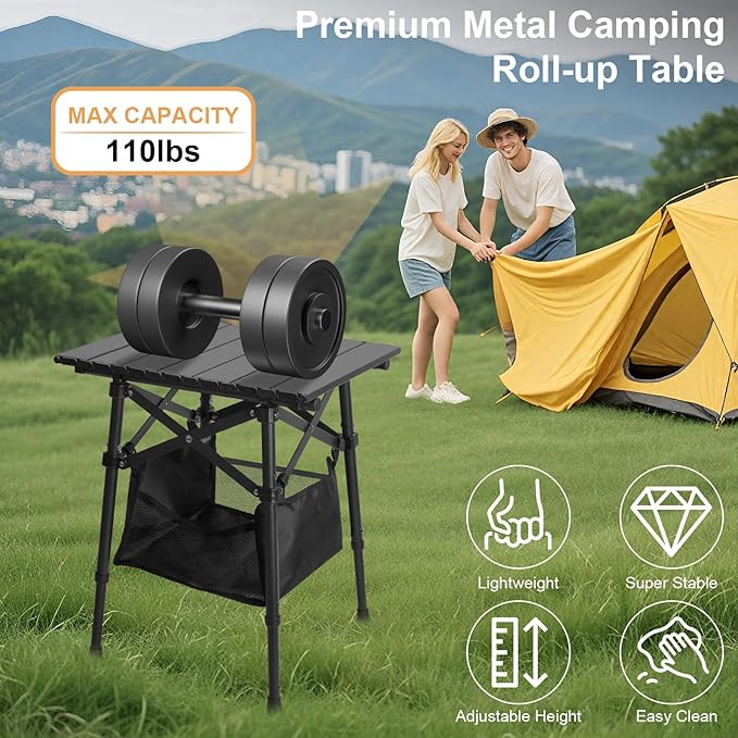 Folding Camping Table - Small Outdoor Table with Storage Bag - Adjustable Height 14.2'' &amp 18.9'' Portable Lightweight Aluminum Foldable Side Table for Picnic BBQ Beach &amp Tailgating (Small)
