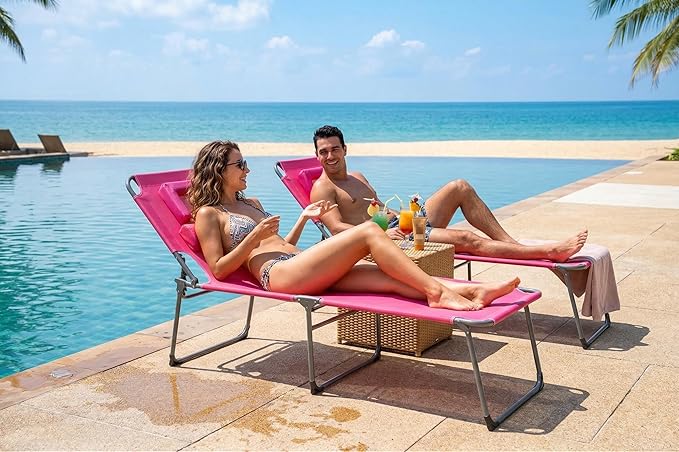 Tanning Chair with Face Hole Folding Beach Lounge Chair 5-Position Adjustable Backrest Face Down Chaise Lounge with Pillow and Side Pocket Portable for Poolside Patio Backyard Beach Pink