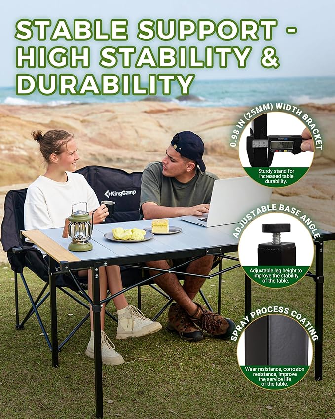 KingCamp Oversized Camping Folding Chair Heavy Duty 450 LBS with Lumbar Support&ampFolding Camping Table Aluminum Roll-Up Camp Table