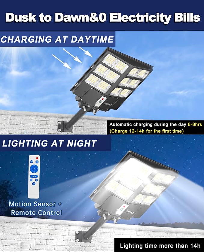 JAYNLT Y-2000W Solar Street Light 200000LM 6500K Solar Flood Lights Outdoor Dusk to Dawn 6500K IP67 Waterproof Parking lot Light Outdoor with Motion Sensor and Remote Control for Garage Road