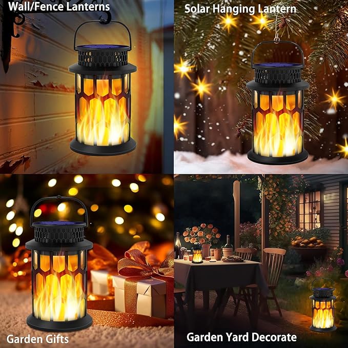 Sola Lanterns Outdoor Waterproof Flickering Flame Hanging Solar Lanterns Solar Powered Wireless Lantern Decorative Lighting for Halloween PartyPatioGardenYardPathway