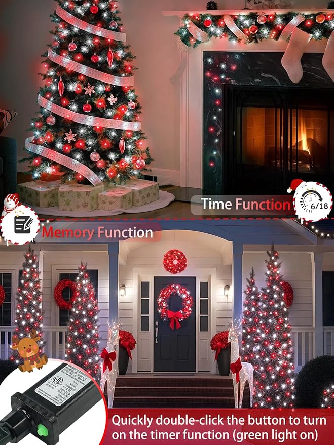 2-Pack 66FT 200 LED Christmas Lights 13 Modes Extendable Christmas Tree Lights with Timer &amp Memory Waterproof Twinkle Fairy Lights Green Wire Outdoor String Lights Indoor for Xmas Tree (Red Whit