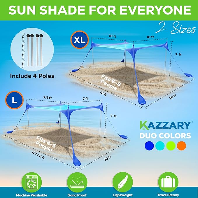 Beach Tent UPF50+ Sun Shade Canopy with Sandbags 4 Stability Poles Ground Pegs Flying Disc Sand Shovel Lightweight Sunshade Shelter 7ft Tall for Outdoor Trips Camping and Sports