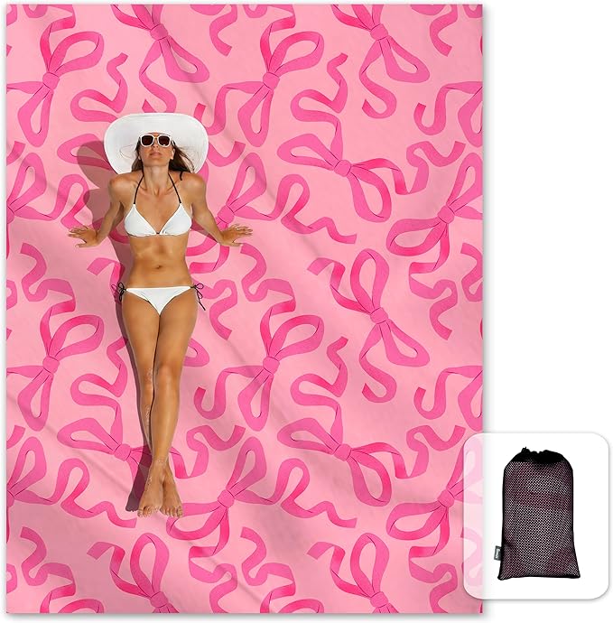 Sunlit Large Beach Blanket Waterproof Sand Proof 81 x106 Sand Free Beach Mat Anchored Pockets and Storage Bag for Travel Beach Camping Outdoor Festival Coquette Pink Bow