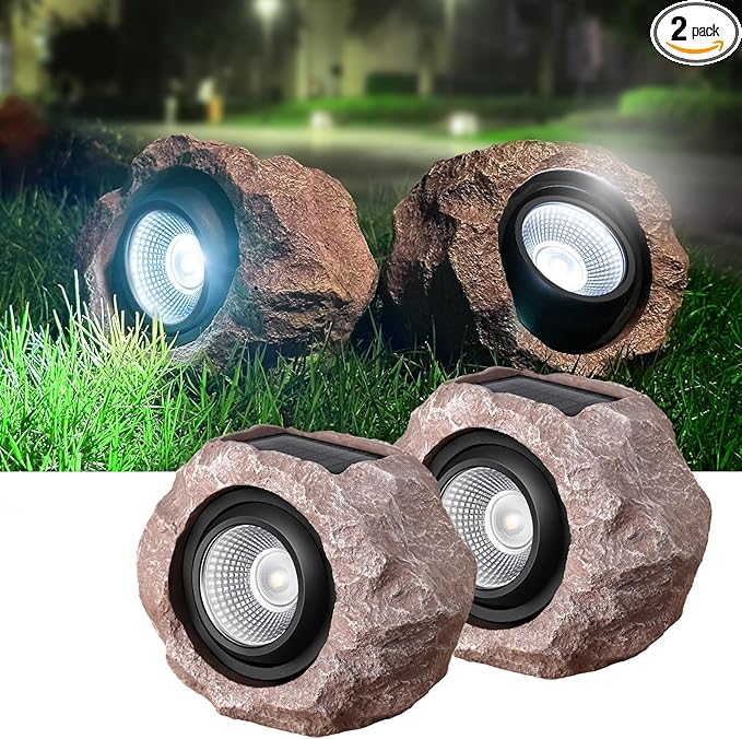2 Pack Solar Rock Lights Outdoor Angle Adjustable Solar Lights Outdoor Waterproof LED Solar Garden Lights Auto On/Off Landscape Lighting for Yard Pathway Patio Flower Bed - White Glow (Stone Brown)
