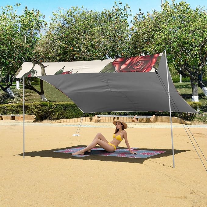 Rose Tattoo Pattern Beach Tent Sun Shelter 9.2' x 10.5' Beach Canopy with 4 Sandbags 4 Stability Poles Sand Shovels - Tent Canopy for Beach Camping Fishing Picnics