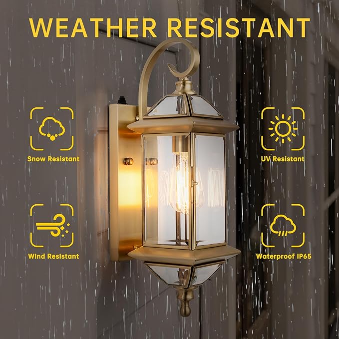 18.5''H Dusk to Dawn Sensor Outdoor Wall Light Fixture Golden Copper Porch Light with Tempered Glass Exterior Lighting Wall Mount for GaragePorchPatioOil-Rubbed BrassE26 Socket1 Pack