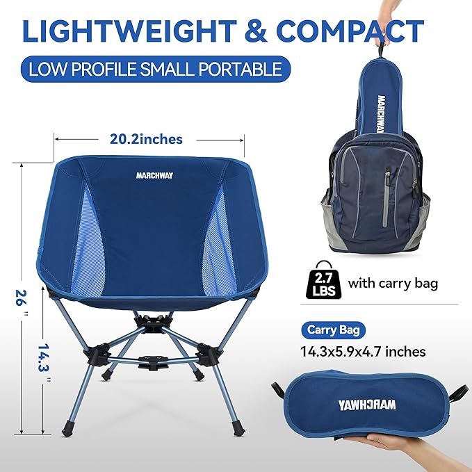 MARCHWAY Lightweight Folding Camping Chair Portable Foldable Compact for Outdoor Camp Travel Beach Picnic Festival Hiking Backpacking Supports 330Lbs (Dark Blue)