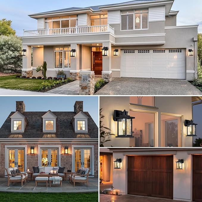 12'' Outdoor Light Fixture 2 Packs Outdoor Wall Lights Exterior Wall Sconce with Water Ripple Glass Waterproof Porch Light Lantern Wall Mounted Modern Black Outside Lights for House Patio Garage